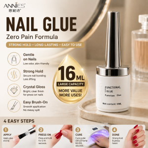 16ML Nail Glue All-In-One Durable Adhesive Gel For Nail Art Gentle Brush On Nail Functional Glue for Press On Fake Nails UV Curing Nail Adhesive Strong Bond Anti Lifting Clear Gloss Nail Glue for Home DIY Nail Art & Professional Nail Salon