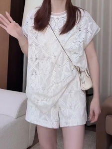 Shalldoer | Summer Unique Lace Hollow Out Womens Two-Piece Set Design Sensation Casual Shorts Top Beautiful Matching Ensemble