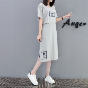 Điều Dưỡng Bà Bầu Đầm Trang Phục Cho Con Bú Sau Sinh Mùa Hè Dài Đến Đầu Gối Đồ Ngủ Cotton Vải Bông Áo Thun Ngắn Tay Cổ Tròn