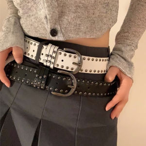 Studded Leather Belt with D Buckle Punk Waist Belts for Women Luxury Blue Belt Fashion Cool White Belt Strap Cloth Accessory