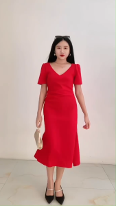 wine red semi formal fitted midi dress with sleeves attire for woman elegant xmas party kids 2XL