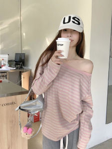 Sweet Loose Striped T-Shirt Shoulder Insert Long Sleeve Top for Women Comfortable Casual Style Polyester Cotton Blend T-Shirt