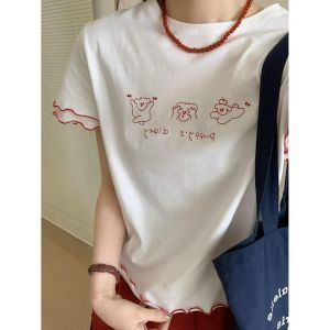 เสื้อยืดแขนสั้นผู้หญิงสไตล์เกาหลีทรงสลิมฟิตปักลายดอกเห็ดผ้าฝ้ายแท้สำหรับฤดูร้อน เสื้อผ้าทำงานสไตล์เกาหลีสตรีทแฟชั่น