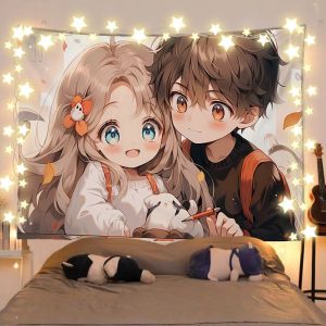 VIKAMAQ Couple Doll Tapestry Autumn Leaves Warm and Cute anime Background Cloth Dormitory Decoration Tapestry Room Decoration