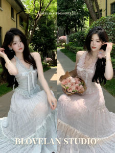 Váy Dây Chấm Bi Mềm Mại Ngọt Ngào Blovelan Váy Mùa Hè Không Tay Cổ Treo Eo Thon Gọn Họa Tiết Đám Mây