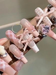 Handmade Wearable Nail Art 2024 New Pink Series Luxury Bear Butterfly Knot White Lady Nail Tips Easy to Wear Any Skin Type