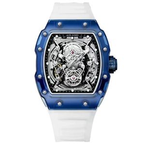 AILANG | AILANG Mens Luxury Skeleton Automatic Watch Hollow Tonneau Mechanical Sport Design Silicone Wristwatch