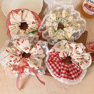Lace Check Bow Hair Ring Female Cute Sweet Balls Scrunchie Vintage Gentle Hair Accessories