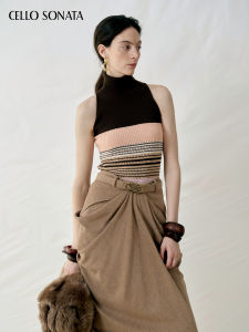 Cello Sonata | Fall Winter High Neck Sleeveless Vest Colored Stripes