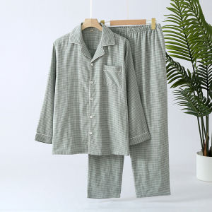 Japanese Style Non-Printed Style Double Pure Cotton Gauze Pajamas Mens Spring and Autumn Summer Thin New Arrival Long Sleeves Homewear Suit