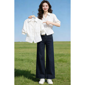 Shalldoer | Semi-Open Collar Waist-Tapered 5th Sleeve White Womens Blouse