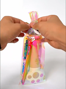 50 PCS Colorful Laser Holiday Gift Bag PET Plastic Biscuit Candy Bread Packaging Bag With Zip Ties
