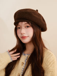 Korean Style Autumn and Winter Knitting Beret Girls Wild Solid Color Curling Beret Coffee Size L Hat Top Painter Hat