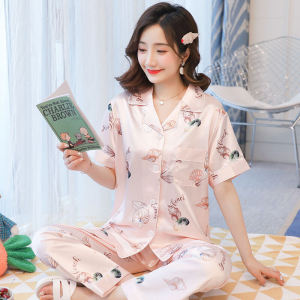 Heavy Weight Silk Pajamas Womens Summer Wear New Arrival Short Sleeve Pants Thin Outwear Printing Suit Ice Silk Satin Homewear