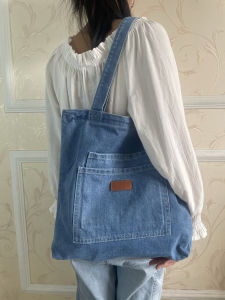 Retro Canvas Shoulder Bag Denim Student Commuter Bag Mom Bag Field System Bucket Bag Soft Handle Korean Style Leisure Backpack