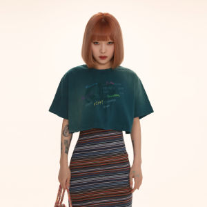 DNT Retro Logo Letter Print round Neck Short Sleeve T-Shirt Short Style Womens Fashion Belly Baring Top Summer Cotton Casual