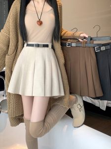 High Waist Woolen Mini Skirt Womens Autumn Winter New Style Slimming A-Line Short Skirt Pleated Anti-Light Walking Skirt