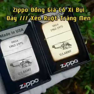 Bật Lửa Zippo Góc Bo Tròn Đồng Xi Bụi Giả Cổ US ARMY Góc Bo Tròn Ruột Tráng Men Màu Đen Đáy Dập Đời 3 Gạch Xéo 1977