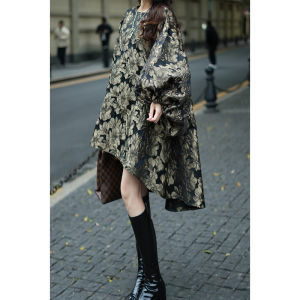 Váy Dài Tay Bồng Thời Trang Thường Ngày Cỡ Lớn Thanh Lịch Mùa Thu 2025 Váy Chữ a Cổ Tròn Màu Trơn Chất Liệu Polyester Mới