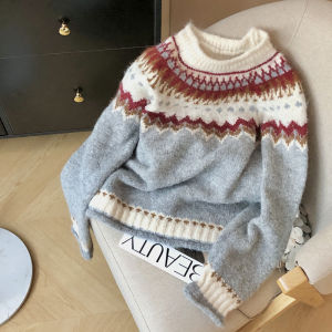 เสื้อสเวตเตอร์ผู้หญิงสไตล์นางฟ้าหลวมๆ ฤดูใบไม้ร่วง/ฤดูหนาว สีแดงปีใหม่ ย้อนยุค เสื้อถักหนาสำหรับนักเรียน