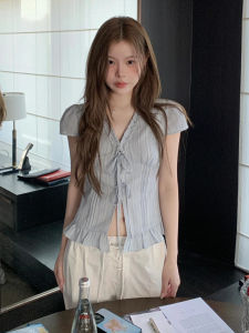 NIUVIES | Áo Sơ Mi Tay Ngắn Màu Xanh Phong Cách Pháp Độc Đáo Thời Trang