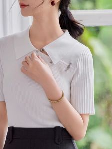 WANGGONGZHU | New Chinese Style Short Sleeve T-Shirt Womens Summer Thin Fashion Knitted Shirt Slim Fit Polo Collar Versatile Princess Style