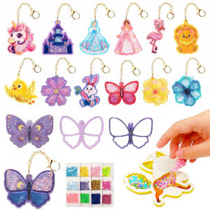 DIY Shake Craft Kits Princess Animal Butterfly Sparkle Keychain Making Set Shaking Party Activity Fine Motor Skills Gift Pendant