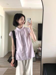 ศิลปะ ดีไซน์ ผู้หญิง เสื้อ ฤดูร้อน 2024 ใหม่ ปกตั้ง กระดุม หลวม ขนาดเล็ก สีม่วง เสื้อท่อนบน Feifei แขนสบายพอดี