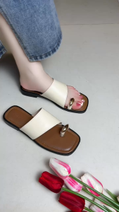 Sandal dép lê nữ đế bệt đính cườm trống rỉ da mềm êm kèm ảnh thực  dép quai ngang MVC32