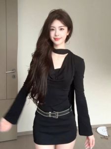 Chic Bodycon Black Dress Pure Desire Style Date Night Dress Korean Style Spring Autumn Long Sleeve V Neck H Type Silhouette