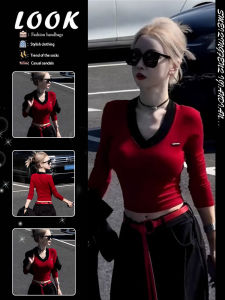 V-Neck Color Block Faux Two-Piece Long Sleeve Tight Red Crop Top