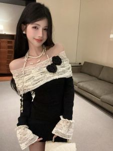 GUZILIAN | Đầm Thun Ren Kiểu Dáng Ôm Body Cổ Trễ Vai