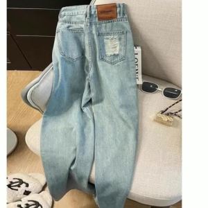 Casual Jeans Womens Straight Leg Denim Trousers Loose Fit High Waist Light Blue Wide Leg Vintage Ripped Design Autumn New