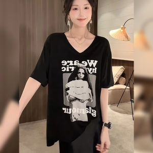 BINKAFENNY | Extra Large Loose V-Neck Short Sleeve T-Shirt Black Floral Print Slimming Summer Top Cover Belly Conceal Meat Shoulder Level