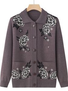 Elegant Thin Loose Knitted Sweater for Middle-Aged and Elderly Women with Pockets Spring Autumn Fashion Outerwear Top Floral Pattern