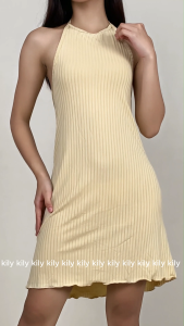 KILY.PH Casual Dress Backless Knitted Dresses Easy Outfit Halter Neck Trim Dress 9A0045