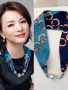 XMUXCOLO Magnetic Buckle Silk Scarf Summer Necklace Lazy Shawl Thin Version Neck Protector Clavicle Pearl Small Collar Long Strip