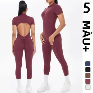 Nữ Tay Ngắn Thể Dục Jumpsuit Hở Lưng Màu Scrunch 1 Body Nửa Dây Kéo Tập Gym Yoga Bộ Tập Thể Hình