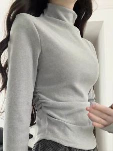 plus Size Womens Long Sleeve T-Shirt Slim Fit High Collar Folded Waist Autumn Warm Inner Wear Base Shirt Commute Style Korean Version