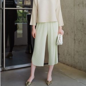 Miyake กางเกงลำลองขากว้างกระชับสัดส่วนกางเกงจับจีบระดับไฮเอนด์ #5286