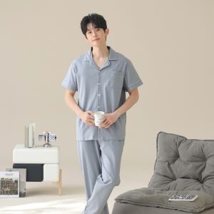Miiow | Mens Summer Pajamas Set Pure Cotton Short Sleeve Open Cardigan Soft Breathable Solid Color High-End Sensation Outdoor Wearable Home Clothes