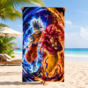 Bandai | Dragon Ball Goku Ultra Instinct VS Super Saiyan 4 Beach Towel Galaxy Fire Anime Quick Dry Microfiber Swim Towel for Adult Fan