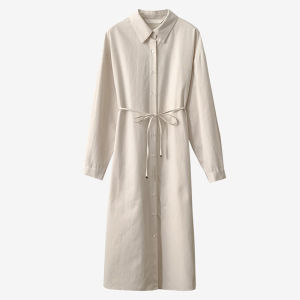 Cherrykoko Spring Summer Fashion Versatile Basic Simple Elegance Collar Long Sleeve Cotton Womens Shirt Dress A-Line Midi Length
