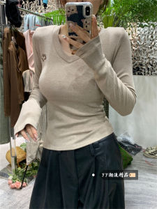 Áo Thun Cổ Chữ V Thêu Hình Trái Tim Dài Tay Cho Nữ Mùa Thu Đông Áo Sơ Mi Lót Lông Cừu Màu Trơn Thanh Lịch Ôm Vừa Vặn Ấm Áp