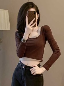 Contrast Color Fake Two Pieces Skinny Short Long Sleeves T-Shirt Womens Spring and Autumn New Arrival Bare Midriff Slim Fit Slim Looking Bottoming Shirt Tops