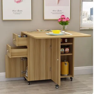 Square Folding Storage Table with Braking Casters Drawers Door
