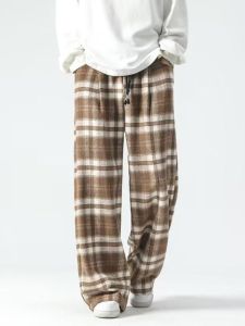 Woolen Plaid Pants Mens Autumn Winter Japanese Cityboy Retro Debutante Style Pants Loose Plus Size Drooping Wide-Leg Pants
