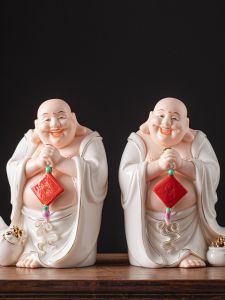 Chinese Ceramic Big Belly Maitreya Buddha Statue Wealth Attractor Happiness Decorative Figurine for Living Room Entrance Office Desk