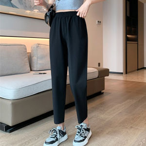 กางเกงฮาเร็มผ้าไอซ์ซิลค์สำหรับผู้หญิงกางเกงยาวระดับข้อเท้าเอวสูงเก็บเนื้อสไตล์เกาหลีใส่แล้วดูผอมเพรียวแบบใหม่ฤดูร้อนกางเกงทรงหลวมแบบลำลองสำหรับวัยหัดเดิน