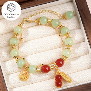 Viviann Original sterling silver 好事花生Hetian Jade Bracelet Womens New Year Double layer Jade Bracelet Red Peanut Pendant Bracelet Jade Beaded Bracelet For Women Bangle Charm Jewelry Bracelets Amulet Gift